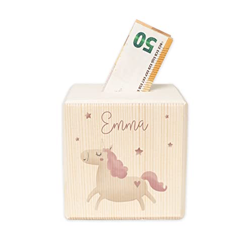 Personalisierte Kinder Spardose mit Namen aus Holz Geschenk Geschenkideen zum Geburtstag zur Einschulung, Taufe, Geburt Sparschwein Motiv Einhorn für Jungen und Mädchen hellomini von HeLLo mini