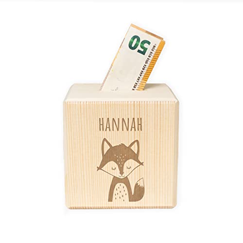 Personalisierte Kinder Spardose mit Namen graviert aus Holz Geschenk Geschenkideen zum Geburtstag zur Einschulung, Taufe, Geburt Sparschwein Motiv Fuchs für Jungen und Mädchen hellomini von HeLLo mini