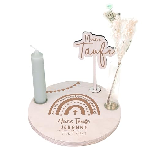 hellomini Personalisierter Taufteller - Taufgeschenk für Jungen Mädchen - Taufdeko mit Gravur - Taufandenken - Personalisierte Geschenke zur Taufe (Regenbogen Gravur) von hellomini
