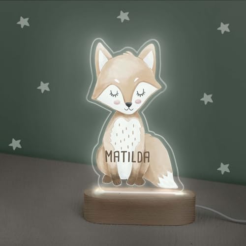 Personalisiertes Nachtlicht LED aus Acrylglas mit Holzsockel, Kinder Lampe mit USB Anschluss, Geschenk für Mädchen und Jungen, Schlummerlicht Wunschform, hellomini (Fuchs, ohne USB-Stecker) von HeLLo mini