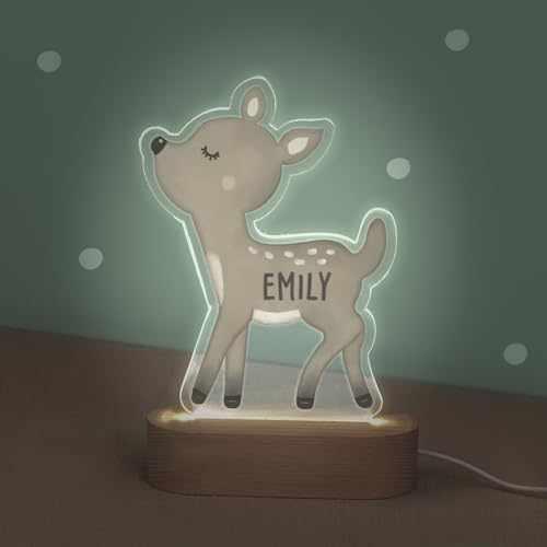 Personalisiertes Nachtlicht LED aus Acrylglas mit Holzsockel, Kinder Lampe mit USB Anschluss, Geschenk für Mädchen und Jungen, Schlummerlicht Wunschform, hellomini (Reh, ohne USB-Stecker) von HeLLo mini