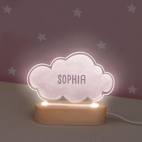 Personalisiertes Nachtlicht LED aus Acrylglas mit Holzsockel, Kinder Lampe mit USB Anschluss, Geschenk für Mädchen und Jungen, Schlummerlicht Wunschform, hellomini (Wolke, mit USB-Stecker) von HeLLo mini