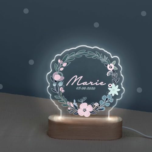 Personalisiertes Nachtlicht für Babys - Personalisierte Geschenke Baby - Individuelle Nachttischlampe für Kinder - Babygeschenk - Stilllicht - hellomini (Blumenkranz, mit USB-Stecker) von HeLLo mini