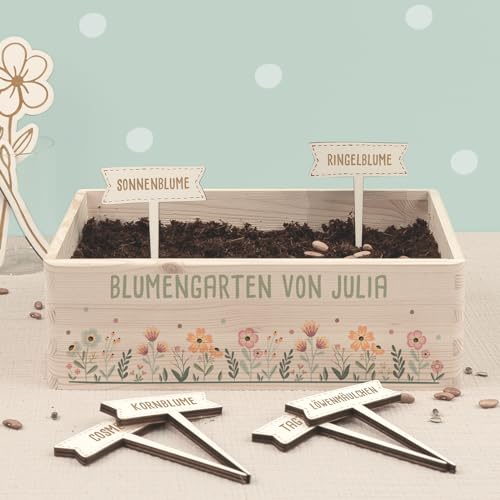 hellomini Personalisiertes Saatgut Anzuchtset für Kinder, Mini Gärtner Starter Kit, Garten Holzkiste, Gemüsegarten für Kinder, Kräutergarten, Blumengarten (Blumengarten, S (30x20x10cm)) von hellomini