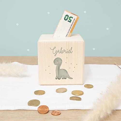 Spardose Personalisiert mit Namen aus Holz - 10x10cm Holzspardose - Geschenk zur Geburt, Geburtstag, Einschulung, Taufe - Sparschwein Aquarell Motiv für Jungen & Mädchen hellomini (Dino) von HeLLo mini