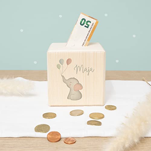 Spardose Personalisiert mit Namen aus Holz - 10x10cm Holzspardose - Geschenk zur Geburt, Geburtstag, Einschulung, Taufe - Sparschwein Aquarell Motiv für Jungen & Mädchen hellomini (Elefant) von HeLLo mini