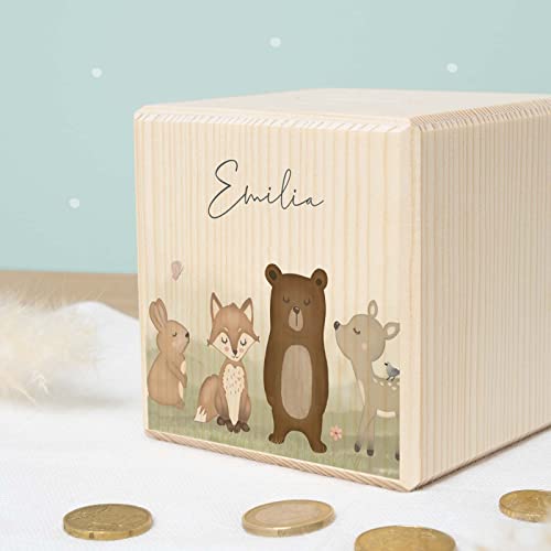 Spardose Personalisiert mit Namen aus Holz - 10x10cm Holzspardose - Geschenk zur Geburt, Geburtstag, Einschulung, Taufe - Sparschwein Aquarell Motiv für Jungen & Mädchen hellomini (Wald) von HeLLo mini