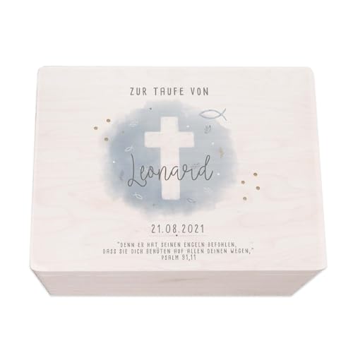 hellomini Taufgeschenke - Personalisierte Erinnerungsbox Taufe aus Holz - Taufgeschenke für Mädchen - Taufgeschenke Jungen - Taufe Geschenk (Kreuz blau Druck, M: 40x30x14cm) von hellomini