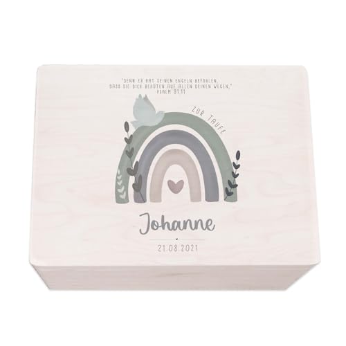 hellomini Taufgeschenke - Personalisierte Erinnerungsbox Taufe aus Holz - Taufgeschenke für Mädchen - Taufgeschenke Jungen - Taufe Geschenk (Regenbogen Taube Druck, S: 30x20x14cm) von hellomini