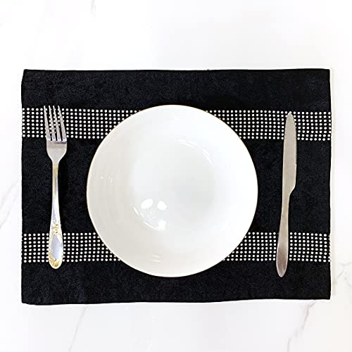 HeMiaor Schwarze Tischsets 4er Set Samt Wunderschöne Luxuriös Glänzende Minimalistische Stil Elegante Diamantstreifen Für TV-Ständer Couchtisch Küchendekor von HeMiaor