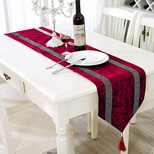 HeMiaor Weinroter Weihnachtstischläufer 213 cm luxuriöser klassischer europäischer Esstisch Tischläufer mit Quasten für Kommode, Couchtisch, Küche, Bankett, Hochzeit, Party Dekoration von HeMiaor