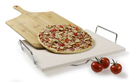 Pizzastein 1,3 cm stark 38 x29 cm mit Metallhalter Pizzaschneider und Pizzaschieber aus Bambus Brotbackstein für Pizza und Flammkuchen von HeRo24