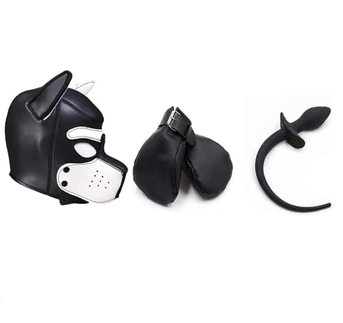 HeYie Fetisch SM Slave Puppy Roleplay Fantasy Bondage Kit, Analplug mit Dog Tail Pointed Grand Butt Plug + Kapuze Maske + Fausthandschuhe Pfoten Handschuhe für Paar flirten Spielzeug Bondage Kit (Col von HeYie