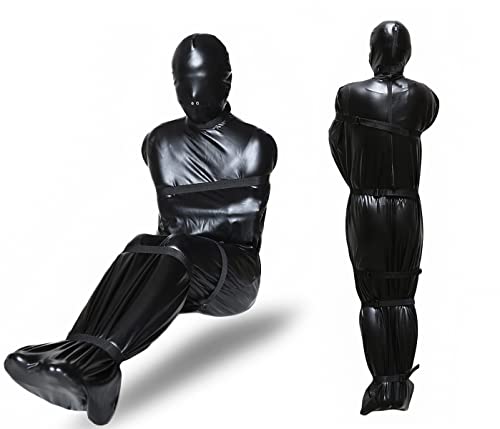 HeYie Leder Erotik Schlafsack Leichensack Saunasack Overall Zwangsjacke BDSM Maske Handschellen Fesseln Rückhaltesystem Fessel Set Fetisch Kleidung Sklave Sexspielzeug Erotik Schlafsack Männer Frauen von HeYie