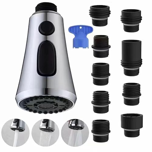 „Heable Küchenarmatur-Kopf-Ersatz, herunterziehbarer Küchen-Sprühkopf mit 9 Adaptern, 3-Funktions-Sprühdüse für Küchenspüle, kompatibel mit den meisten Wasserhähnen (G1/2), Chrom von Heable