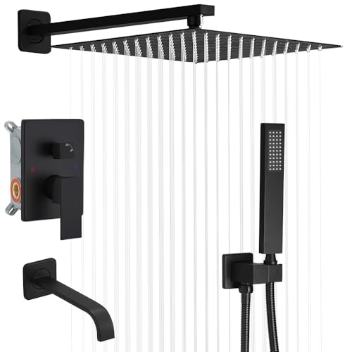 Heable Mattschwarzes Duscharmatur-Set mit Wannenauslauf Badezimmer Regenfall 25,4 cm Duschkopfsystem mit Handbrause Einhandbrause Verkleidungsset mit rauem Ventil Heable Mattschwarzes Duscharmatur-Set mit Wannenauslauf Badezimmer Regenfall 25,4 cm Duschkopfsystem mit Handbrause Einhandbrause Verkleidungsset mit rauem Ventil von Heable