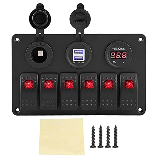 Schalttafel, 12V 24V 6 Gang Auto Boot Marine LED Wippschalter Panel Dual USB Voltmeter Zigarettenanzünder(Rot) von Headerbs
