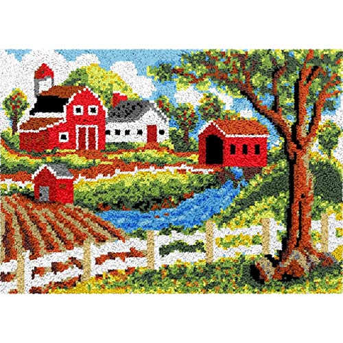 DIY Teppichstickerei Klapphaken Set,Helles Feld Rotes Haus Landschaft Kunst Teppich Stickerei Mit Druckmuster Riegel Haken Kit Wandteppich Riegel Haken Garn Teppich Making Kits von Headyaku