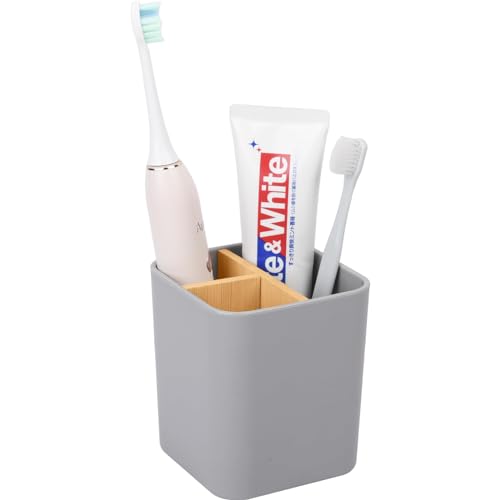 Bambus-Zahnbürstenhalter für Badezimmer, 3 Schlitze Zahnbürste und Zahnpasta-Halter, Badezimmer-Theken-Organizer für elektrische Zahnbürsten, Zahnseide, Rasierer – Grau von Heagoale