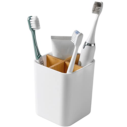Bambus Zahnbürstenhalter für Badezimmer, 4 Steckplätze Zahnbürste und Zahnpasta-Halter, Badezimmer-Theken-Organizer für elektrische Zahnbürsten, Zahnseide, Rasierer – Weiß von Heagoale