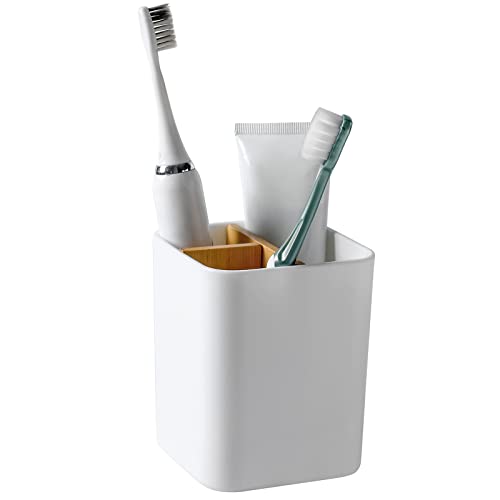 Bambus-Zahnbürstenhalter mit 3 multifunktionalen Schlitzen für Badezimmer, Zahnbürste und Zahnpasta, Organizer für elektrische Zahnbürsten, Zahnpasta, Rasierer, Badezimmer-Theken-Organizer - Weiß von Heagoale