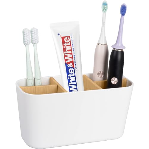 Zahnbürstenhalter für Badezimmer, Bambus-Zahnbürstenhalter mit 5 Schlitzen, Badezimmer-Eitelkeit-Organizer, Arbeitsplatte für elektrische Zahnbürsten, Zahnpasta, Rasierer – Weiß von Heagoale