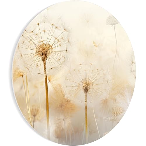 HEALANCY Bilder Abstrakt Natur - KOMPLETT AUFHÄNGFERTIG - Runde Wandbilder Wohnzimmer -Deko Modern-Schlafzimmer- Room Decoration - Kunstdruck Wanddeko - Pflanzen Dandelion Löwenzahn Beige Boho von Healancy Biomedical