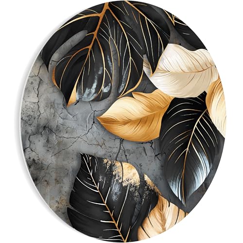 HEALANCY Bilder Abstrakt Natur- KOMPLETT AUFHÄNGFERTIG - Runde Wandbilder Wohnzimmer - Deko Modern - Schlafzimmer - Room Decoration - Kunstdruck Wanddeko - Pflanzen Schwarz Gold Monstera von Healancy Biomedical