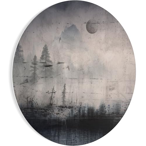 HEALANCY Bilder Abstrakt Natur- KOMPLETT AUFHÄNGFERTIG - Runde Wandbilder Wohnzimmer - Deko Modern - Schlafzimmer - Room Decoration - Kunstdruck Wanddeko - Wald Mond Nebel Schwarz Beige von Healancy Biomedical