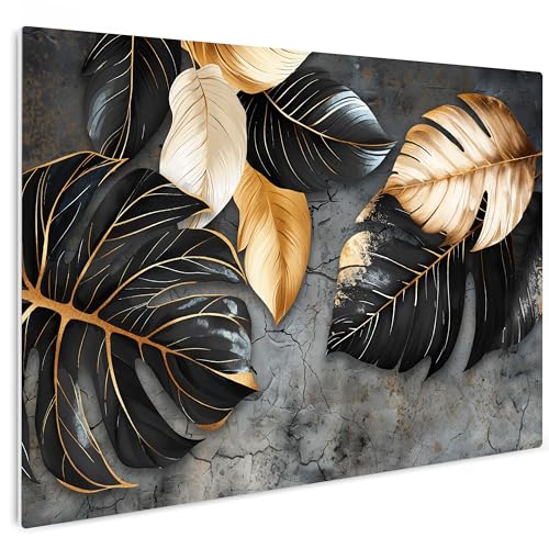 HEALANCY Bilder Abstrakt Natur - KOMPLETT AUFHÄNGFERTIG - Wandbilder Wohnzimmer - Deko Modern - Schlafzimmer - Kunstdruck Wanddeko Küche - Pflanzen Schwarz Gold Monstera von Healancy Biomedical