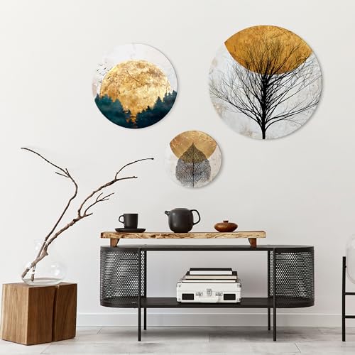 HEALANCY Bilder Abstrakt Natur - Runde Wandbilder Set 3-Teilige - KOMPLETT AUFHÄNGFERTIG - Wohnzimmer Deko Modern - Schlafzimmer - Room Decoration - Kunstdruck Wanddeko - Berge Bäume Wald Gold von Healancy Biomedical