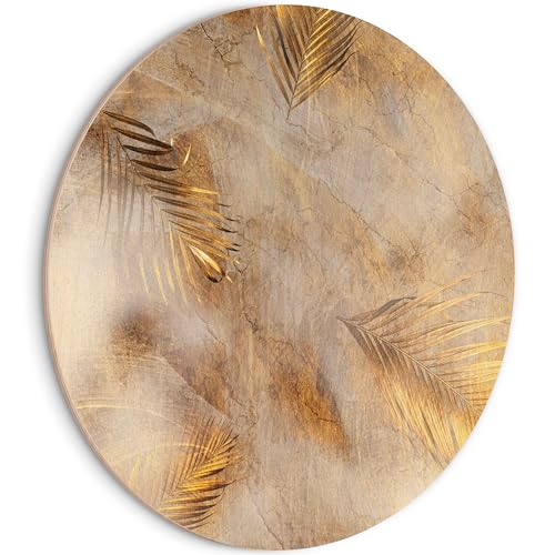 HEALANCY Bilder Abstrakt - PREMIUM QUALITÄT 100% HOLZ - KOMPLETT AUFHÄNGFERTIG - Runde Wandbilder Wohnzimmer - Modern Wanddeko - Schlafzimmer Kunstdruck - Golden Blätter Lux von Healancy Biomedical