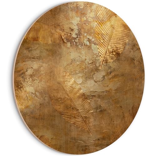 HEALANCY Bilder Abstrakt - PREMIUM QUALITÄT 100% HOLZ - KOMPLETT AUFHÄNGFERTIG - Runde Wandbilder Wohnzimmer - Modern Wanddeko - Schlafzimmer Kunstdruck - Vintage Laub Gold von Healancy Biomedical