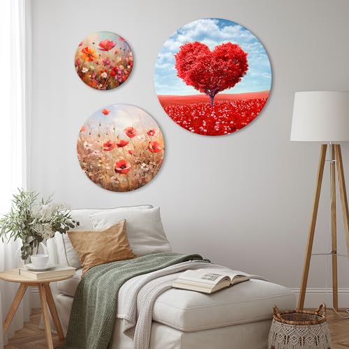 HEALANCY Bilder Abstrakt - Runde Wandbilder Set 3-Teilige - KOMPLETT AUFHÄNGFERTIG - Wohnzimmer Deko Modern - Schlafzimmer - Room Decoration - Kunstdruck Wanddeko - Natur Blumen Mohnblumen von Healancy Biomedical