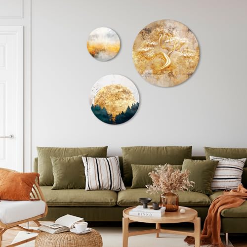 HEALANCY Bilder Abstrakt - Runde Wandbilder Set 3-Teilige - KOMPLETT AUFHÄNGFERTIG - Wohnzimmer Deko Modern - Schlafzimmer - Room Decoration - Kunstdruck Wanddeko - Gold Baum Lux von Healancy Biomedical