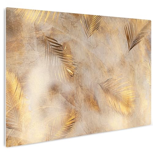 HEALANCY Bilder Abstrakt - KOMPLETT AUFHÄNGFERTIG - Wandbilder Wohnzimmer - Deko Modern - Schlafzimmer - Kunstdruck Wanddeko Küche - Golden Blätter Pflanzen von Healancy Biomedical