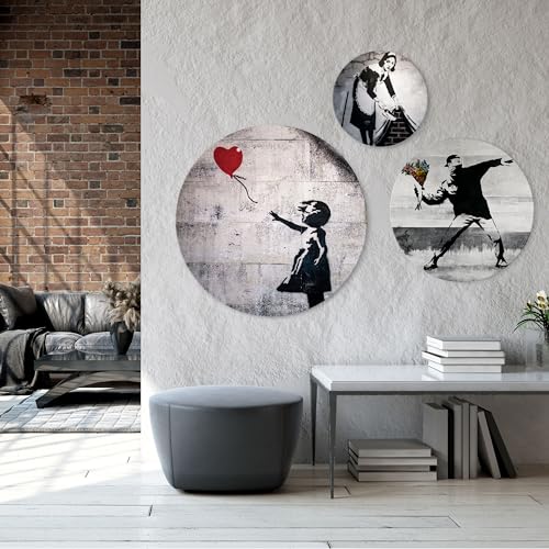 HEALANCY Bilder Banksy - Runde Wandbilder Set 3-Teilige - KOMPLETT AUFHÄNGFERTIG - Wohnzimmer Deko Modern - Schlafzimmer - Room Decoration - Kunstdruck Wanddeko - Graffiti Frau Ballon Blumen von Healancy Biomedical