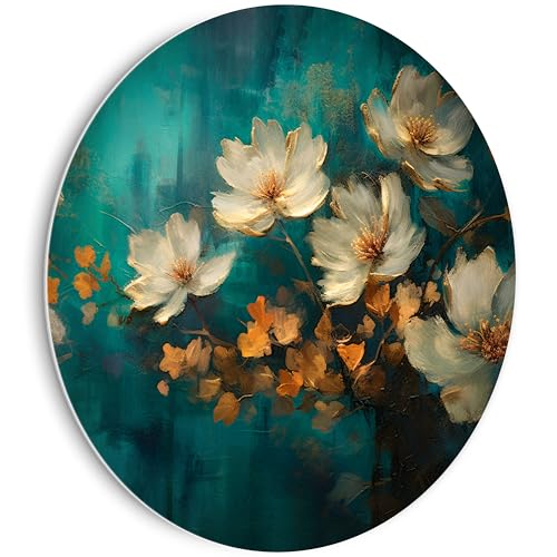 HEALANCY Bilder Blumen - KOMPLETT AUFHÄNGFERTIG - Runde Wandbilder Wohnzimmer - Deko Modern - Schlafzimmer - Room Decoration - Kunstdruck Wanddeko - Natur Pflanzen Weiß Gold von Healancy Biomedical