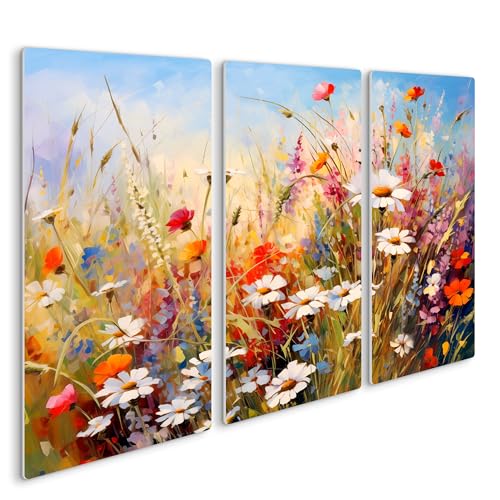 HEALANCY Bilder Blumen - KOMPLETT AUFHÄNGFERTIG - Wandbilder Wohnzimmer - Deko Modern - Schlafzimmer - Room Decoration - Kunstdruck Wanddeko Küche - Natur Pflanzen Wiese Gänseblümchen von Healancy Biomedical