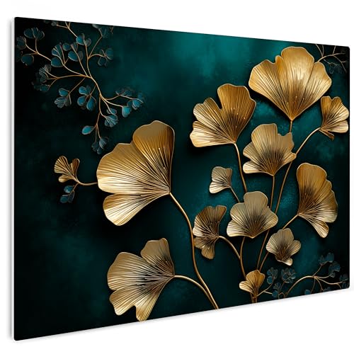 HEALANCY Bilder Natur Abstrakt - KOMPLETT AUFHÄNGFERTIG - Wandbilder Wohnzimmer - Deko Modern - Schlafzimmer - Kunstdruck Wanddeko Küche - Golden Blätter Laub von Healancy Biomedical