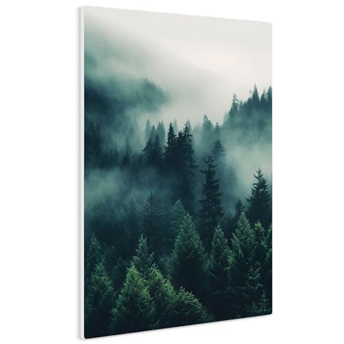 HEALANCY Bilder Natur - KOMPLETT AUFHÄNGFERTIG - Wandbilder Wohnzimmer - Deko Modern - Schlafzimmer - Kunstdruck Wanddeko Küche - Wald Nebel Grün Landschaft von Healancy Biomedical