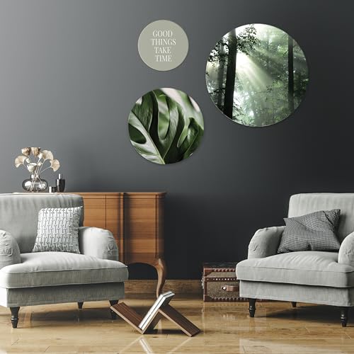 HEALANCY Bilder Natur Monstera- Runde Wandbilder Set 3-Teilige - KOMPLETT AUFHÄNGFERTIG - Wohnzimmer Modern - Schlafzimmer Room Decoration Kunstdruck Wanddeko - Pflanzen Blätter Wald Inschrift von Healancy Biomedical