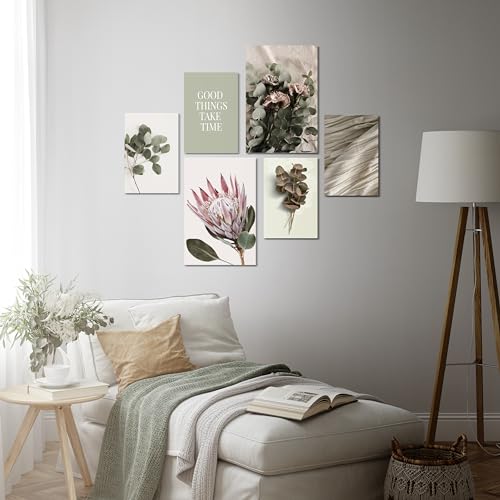 HEALANCY Bilder Natur - Wandbilder Set 6-Teilige - KOMPLETT AUFHÄNGFERTIG - Wohnzimmer Deko Modern - Schlafzimmer - Room Deco - Kunstdruck Wanddeko - Blätter Pflanze Boho Beige Grün von Healancy Biomedical