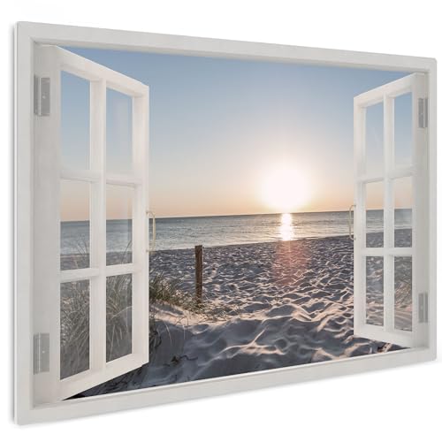 HEALANCY Bilder Strand Meer Fensterblick - KOMPLETT AUFHÄNGFERTIG - Wandbilder Wohnzimmer - Deko Modern - Schlafzimmer - Kunstdruck Wanddeko Küche - Küste Landschaft von Healancy Biomedical