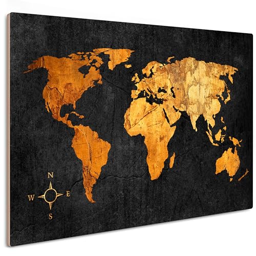 HEALANCY Bilder Weltkarte - PREMIUM QUALITÄT 100% HOLZ - KOMPLETT AUFHÄNGFERTIG - Wandbilder Wohnzimmer - Modern Wanddeko - Schlafzimmer Kunstdruck - Landkarte schwarz gold von Healancy Biomedical