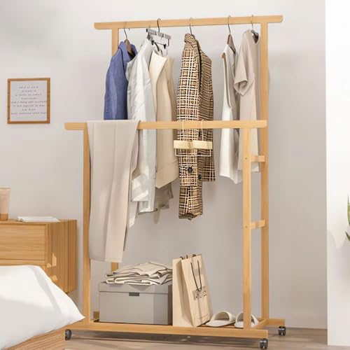 Healand Bambus Kleiderständer Regal mit doppelten Kleiderstangen, Kleiderständer auf Rädern, freistehender Kleiderständer mit Ablagefächern, Kleidungsgarderobe Healand Bambus Kleiderständer Regal mit doppelten Kleiderstangen, Kleiderständer auf Rädern, freistehender Kleiderständer mit Ablagefächern, Kleidungsgarderobe von Healand