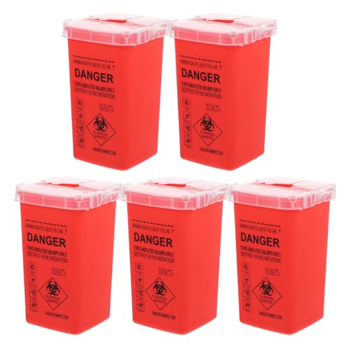Healeved 5er-Set Tragbare Sharps-Behälter zur sicheren Entsorgung von Nadeln und, Reiseabfallbox mit geteilter Deckelöffnung, ideal für Haushalt und Labor, Rot von Healeved