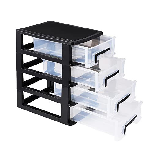 Healifty 4-lagiger Schreibtischschrank, 4-lagiger Kunststoff-Schubladenschrank, kleiner Kunststoff-Aufbewahrungsschrank für Büro, Schlafzimmer, Zuhause (schwarz und transparent) von Healifty