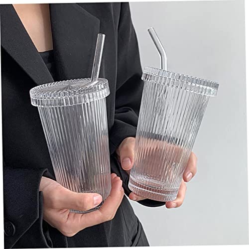 Glasbecher mit Deckel und Strohhalmen, 2pcs gerippte Glaswaren vertikal gestreifte Glas Kaffeetasse mit Stroh und Deckel Smoothie Coffee Tasse 375ml von Heall