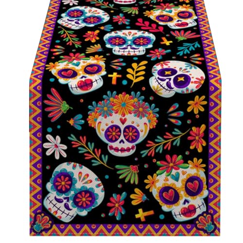 Heallege Halloween-Schädel-Tischläufer, Mexiko-Blumentag der Toten, Leinen-Tischläufer, Feiertagsdekorationen für den Esstisch von Heallege
